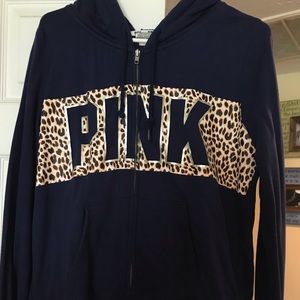 PINK Victoria’s Secret zip up Navy Blue Hoodie with Leopard logo print